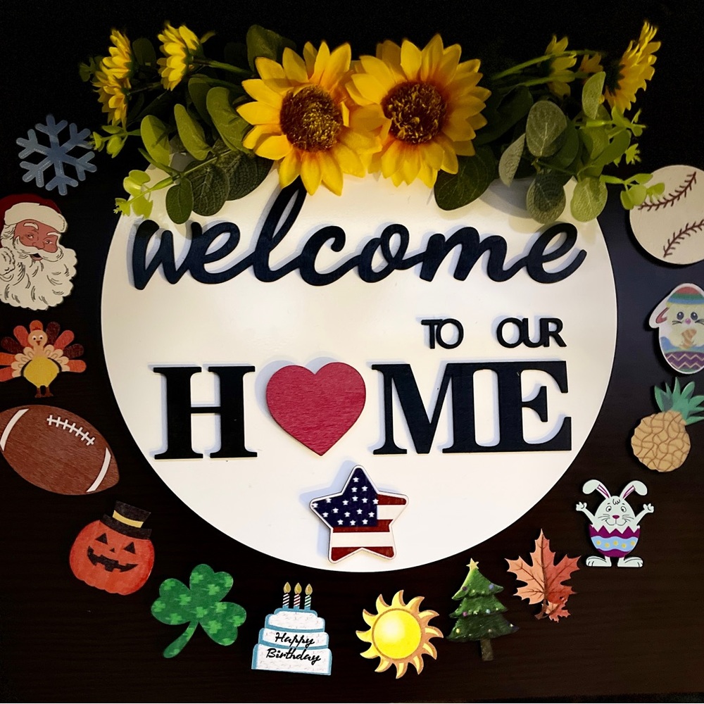 Cute flower, wooden Welcome to our home sign  24 Interchangeable holiday pieces